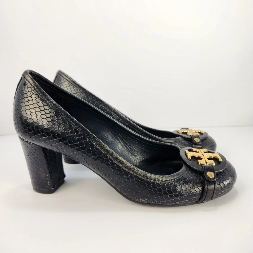 Tory Burch Janey Women's Elegant Classy Black Leather Block Heel Logo Pumps 7M